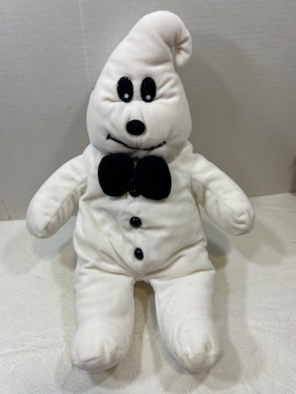 White Plush Ghost Black Bow Tie Stitched Smile Halloween Soft Stuffed Toy 16"